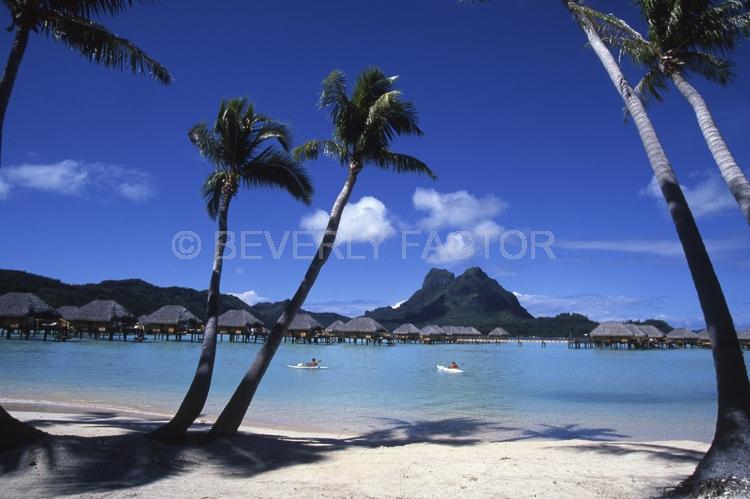 Islands;huts;ocean;palm trees;blue;water;sky;rangiroa;french polynesia;palm trees;kayaks;sandy beach
